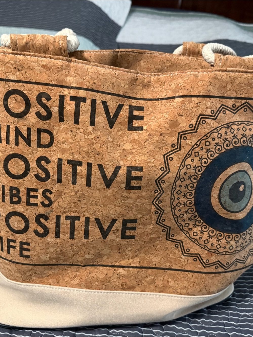 Cork Tote Bag with Positive Vibes Print - Natural/Cream